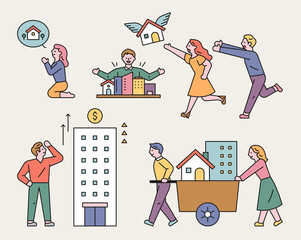 Wall Mural - people are collecting real estate property. flat design style minimal vector illustration.