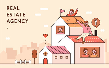 Wall Mural - real estate agency advertising. people are greeting around the house. flat design style minimal vect