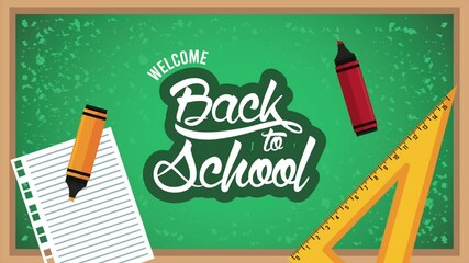 Poster - back to school time lettering in chalkboard with supplies