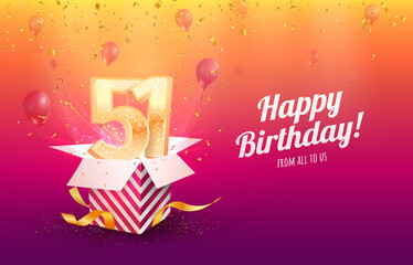 Celebrating 51st years birthday vector illustration. Fifty-one anniversary celebration background. Adult birth day. Open gift box with flying holiday numbers