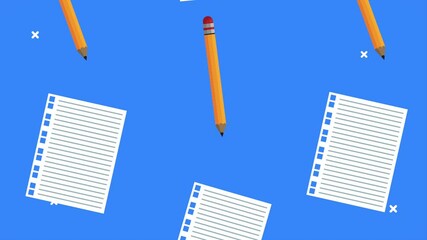 Poster - back to school animation with notebooks sheets and pencils pattern