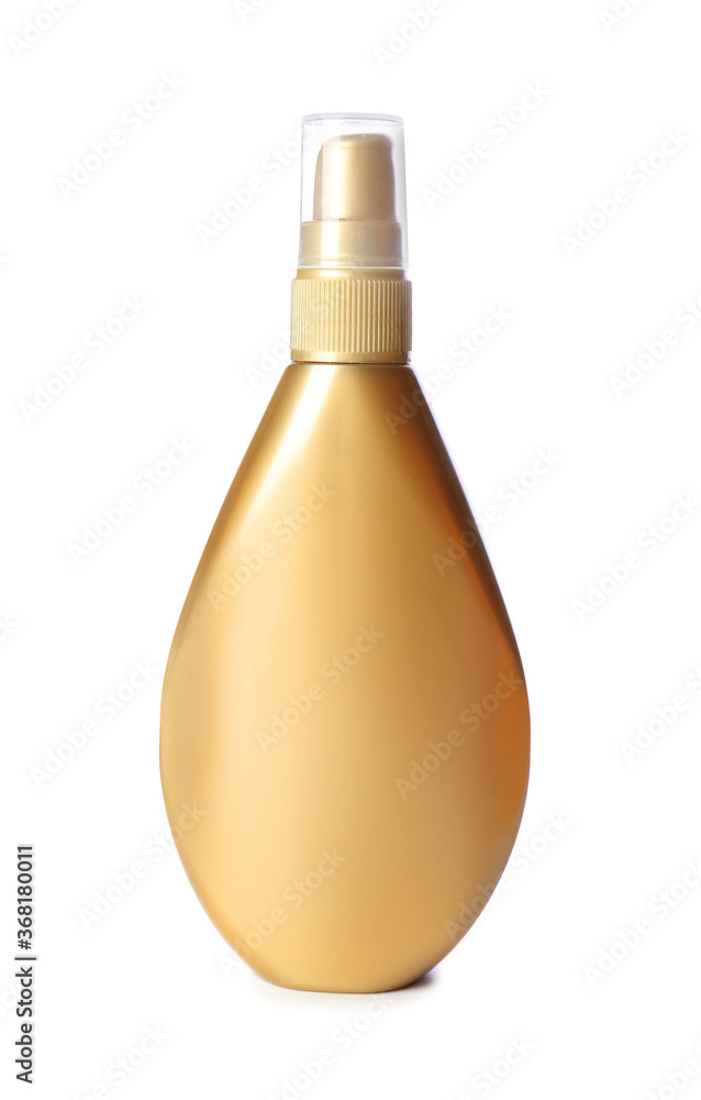 Bottle of sunscreen on white background - obrazy, fototapety, plakaty 