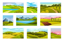 Green Landscapes With Hills And Clear Sky Vector Illustration Set