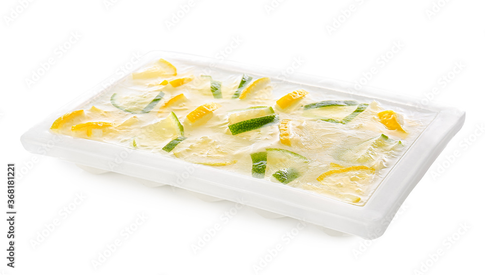 Tray with citrus fruits in ice on color background