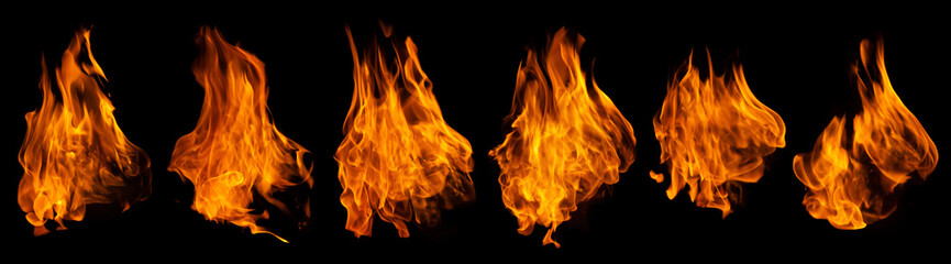 Fire collection set of flame burning isolated on dark background for graphic design purpose	