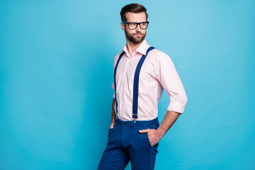 Sticker - Photo of handsome macho business man cool clothes guy eyesight care vision specs look side empty space wear pink shirt suspenders pants isolated pastel blue color background