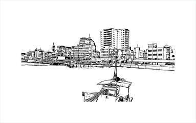 Building view with landmark of Akashi is a city on Japan’s Seto Inland Sea. Hand drawn sketch illustration in vector.