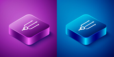 Wall Mural - Isometric Neptune Trident icon isolated on blue and purple background. Square button. Vector.