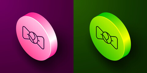 Sticker - Isometric line Bow tie icon isolated on purple and green background. Circle button. Vector.