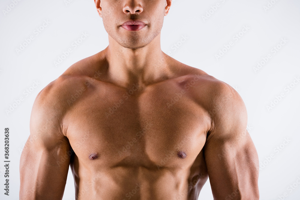 Closeup cropped photo of handsome serious concentrated muscular sportsman dark skin guy demonstrating his perfect ideal body constitution naked chest isolated white color background - obrazy, fototapety, plakaty 