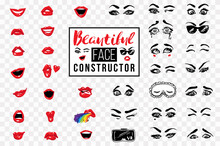 Woman Beautiful Face Constructor. Eyes, Eyebrows, Lips, Mouth, Lashes. Vector Emoticons, Emoji, Smiley Icons, Characters. Fashion Illustrated Women's Emotional Faces
