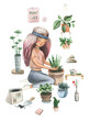 Plant lady. Cute plant girl caring for indoor plants, flowers. Crazy plant lady with a houseplant in a pot. Trendy illustration with a girl holding an indoor plant. Watercolor illustration