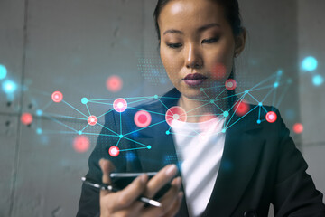Businesswoman using phone, work in modern office on new project. Double exposure. Concept of success. Abstract technology hologram.