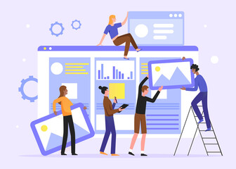 Wall Mural - teamwork develop social media content vector illustration. cartoon flat tiny developer designer peop