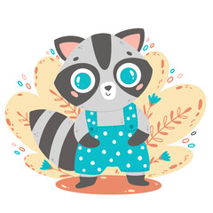  Flat illustration of cute cartoon raccoon in blue overalls.