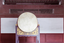 Traditional Chinese Big Drum On Wooden Frame With Dragon Relief In A Temple, This Traditional Drum Were Usually Pounded  In Sacrificial Rites Or Festivals In Ancient Times