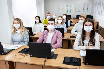 Wall Mural - Students with face masks, safety protocol