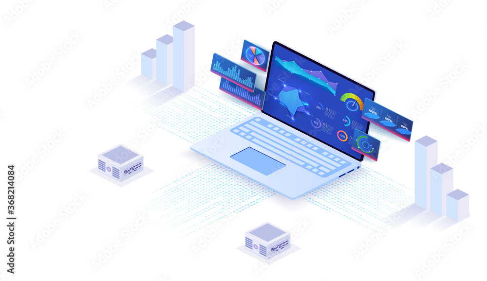 Application of laptop with business graph and analytics data on isometric laptop . Analysis trends and financial strategy by using infographic chart. Online statistics and data Analytics. Vector - obrazy, fototapety, plakaty 