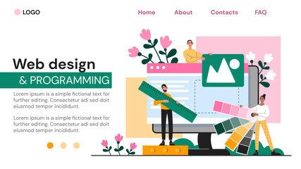 Web page template for web design and programming by two developers using color charts for layout, colored vector illustration