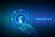 © iuriimotov - Smart Industry 4.0 concept. Factory automation. Autonomous industrial technology. Industrial revolutions steps. Robotic hand touching digital interface. Vector illustration.