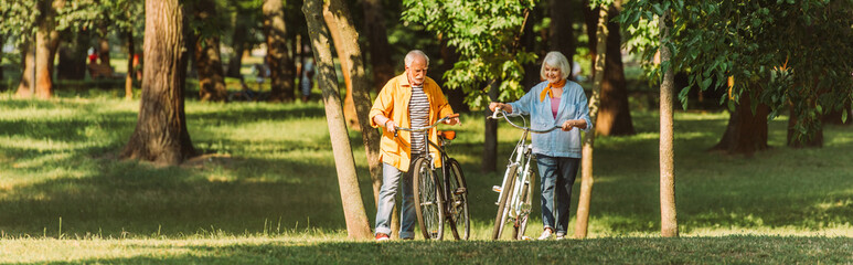 Horizontal image of smiling senior couple walking with bikes on grass in park