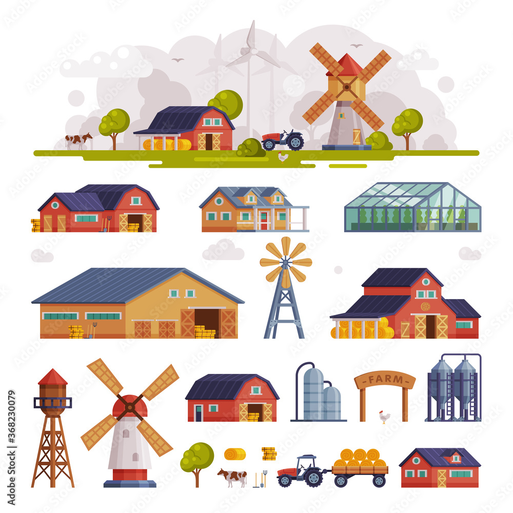 Rural Buildings and Agricultural Objects Set, Summer Farm Scene with Red Barn and Windmill, Agriculture and Farming Concept Cartoon Vector Illustration - obrazy, fototapety, plakaty 