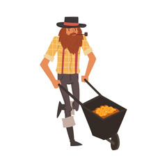 Male Prospector with Wheelbarrow full of Gold, Bearded Gold Miner Character Wearing Vintage Clothes and Hat Smoking Pipe Cartoon Style Vector Illustration