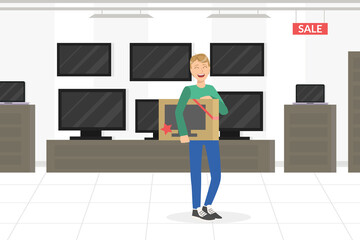 Poster - Young Man Choosing and Buying TV in Appliance Store Vector Illustration