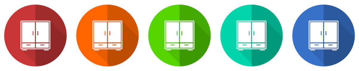 Aufkleber - Wardrobe icon set, room, design, interior, furniture, red, blue, green and orange flat design web buttons isolated on white background, vector illustration