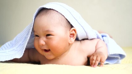 a small 6 month old baby lies on its stomach and holds its head.