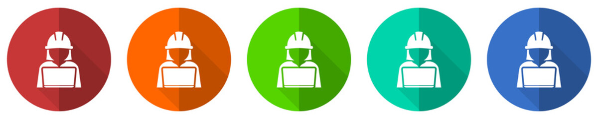 Aufkleber - Engineer with laptop icon set, worker, manager, red, blue, green and orange flat design web buttons isolated on white background, vector illustration