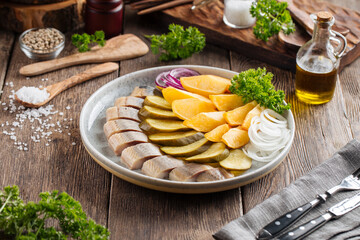Wall Mural - Russian platter with herring pickles and potatoes