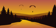 Paraglider By Big River In A Forest Autumn Landscape Vector Illustration EPS10