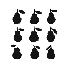 Set of black ink drawn pears on white background. Rough texture.