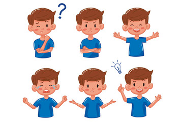 Kid boy with different emotions. Joy, sadness, anger, funny, thinking, smile. Set. Isolated illustration on white background. Vector. Cartoon. Flat. Face expression