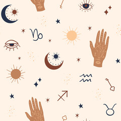 Mystical and Celestial Seamless pattern with eyes, stars, Palm and zodiac elements. Occult , Esoteric background Vector. 