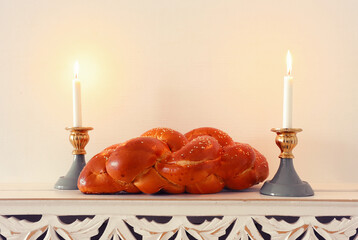 Wall Mural - shabbat image. challah bread, shabbat wine and candles