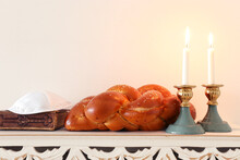 Shabbat Image. Challah Bread, Shabbat Wine And Candles