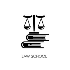 Sticker - Law school black glyph icon. Professional jurisprudence education, judicial system. Legal court trial, justice silhouette symbol on white space. Scales on books stack vector isolated illustration