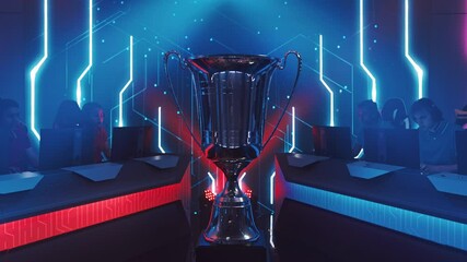 Wall Mural - Two Esport Teams of Pro Gamers Play to Compete in Video Game on a Championship. Stylish Neon Cyber Games Online Streaming Tournament Arena with Trophy in the Center. Elevating Crane Shot