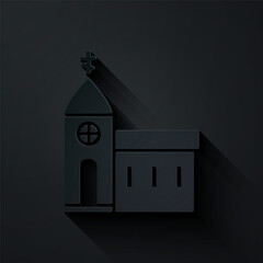 Paper cut Church building icon isolated on black background. Christian Church. Religion of church. Paper art style. Vector Illustration.