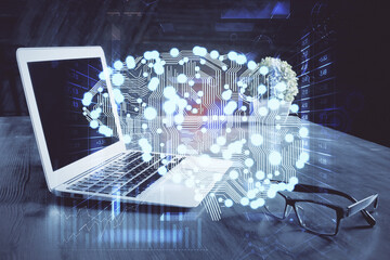 Fototapete - Multi exposure of work space with computer and human brain hologram. Brainstorm concept.