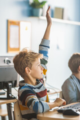 Wall Mural - school science classroom: boy raises hand with question. teacher educates smart little schoolchildre