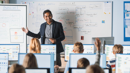 Wall Mural - elementary school class: teacher uses interactive digital whiteboard, explains lesson to diverse gro