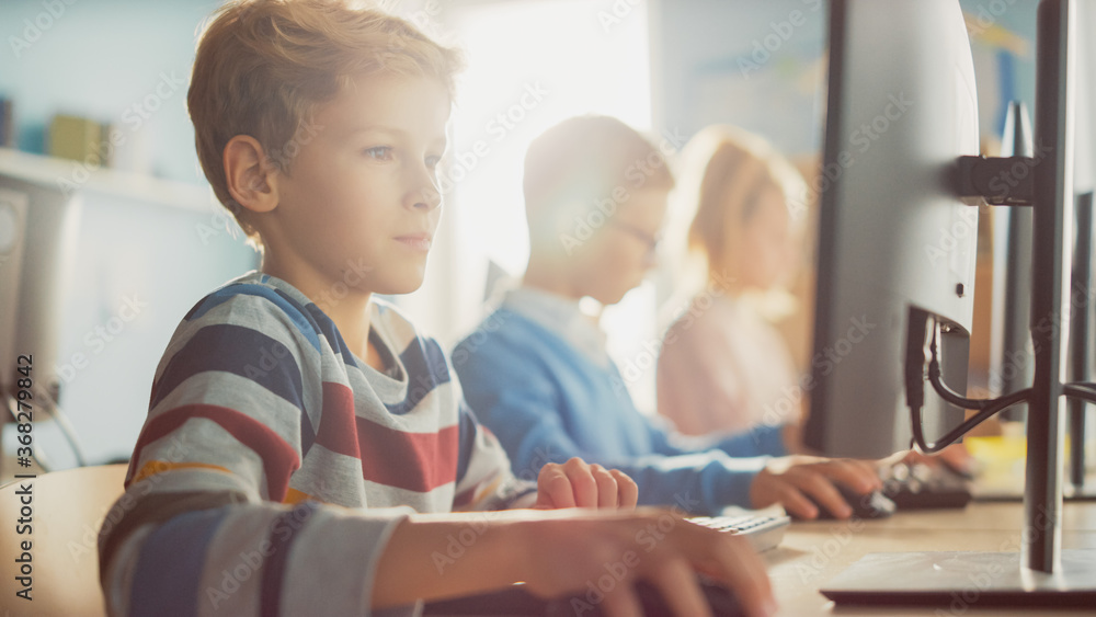 Elementary School Classroom: Boy Uses Personal Computer, Learning How ...