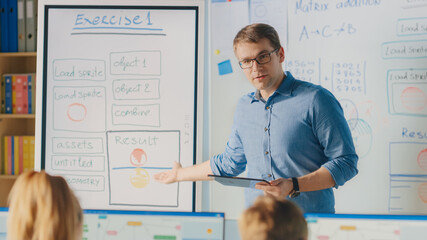 Wall Mural - elementary school class: teacher uses interactive digital whiteboard, explains lesson to diverse gro