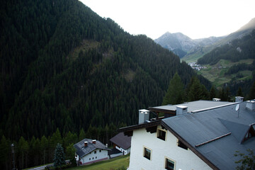 Classic vintage retro building house resort for Austrian people living and foreign travelers travel visit rest relax in Obergurgl village valley at Solden municipality in Otztal Alps in Tyrol, Austria