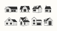Various Outline Small And Tiny Houses. White Walls, Black Windows. Different Facades. Scandinavian Style. Hand Drawn Trendy Illustrations. Black And White Vector Set. Every Building Is Isolated