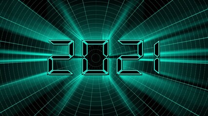 Year change 2021 - glowing white year digits in digital font - abstract grid background in black and white with binary code in the dark - 3D illustration