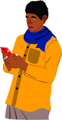 An indian village man operating mobile phone isolated on white background wearing yellow shirt with blue scarf on the neck.